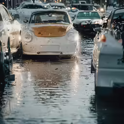 some cars are driving on a rainy day