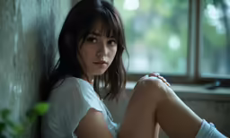 a beautiful young woman sitting on the ground next to a window