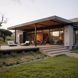 a modern house sits in the grass on the side of the road