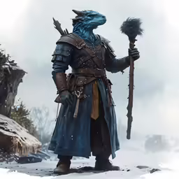 the witch standing on snow covered ground holding two poles