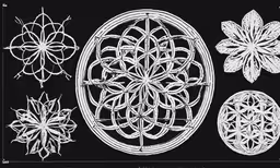 four white floral decorations on black background,four decorative flower cut outs, from an antique print
