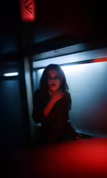 a dark scene, a person sitting, with their arms folded and a blurred light on the wall