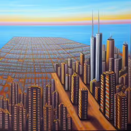 a painting on a board with buildings and cityscape on it,an abstract painting of an open city with skyscrapers and sea,a painting of a cityscape by the water,painting of a city that looks like a metropolis,a painting of city buildings with a large yellow and orange sky