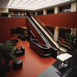 an empty lobby that has a set of escalators on it