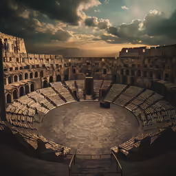 an ancient theater setting with dramatic lighting and architecture