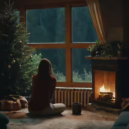 a woman sits on a rug near the fireplace