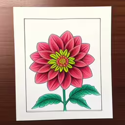 a painting of a flower that is on top of a wooden table,a drawing of a flower is shown on a table