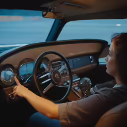 a woman sitting in a car behind the steering wheel
