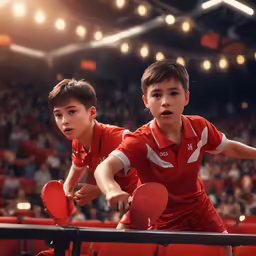 two young men in red shirts playing ping pong