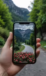 someone taking a selfie in front of mountains and flowers
