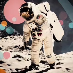 an astronaut walking along a desert landscape with circles on the background