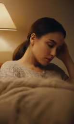 a woman sits in a bed with her head next to a lamp