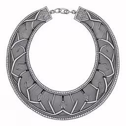 an intricately decorated choker necklace on a chain,a necklace with a chain that is hanging off of it,an intricately designed necklace is shown on a white background,an intricate necklace made from metal chains,drawing a circle shaped necklace with tribal patterns on it