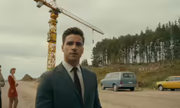 a man in suit standing in front of construction cranes and some cars