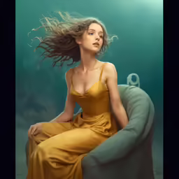 an attractive woman in yellow dress sitting on a chair