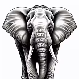 an elephant drawing on white paper,a drawing of an elephant with its tusks down,an elephant is in a drawing style,a large elephant with its tusks that is drawn in pencil,an elephant in line drawing on a white background