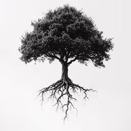 a black and white photo of a large tree with roots