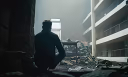 a man sitting on a bench in front of a pile of debris
