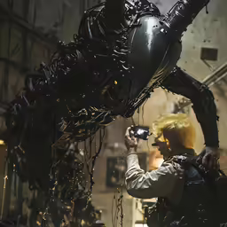 a man with blonde hair taking a photo of a robot