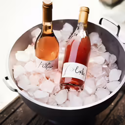 two wine bottles in ice on a table