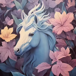 a blue and white horse surrounded by leaves