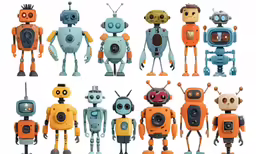 different types of toys of robot standing in front of a white background