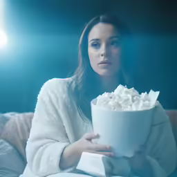 a woman in pajamas sitting on the bed with a drink in her hand
