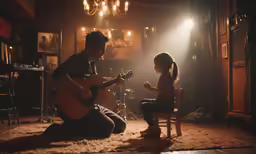 man playing guitar with child sitting in chair