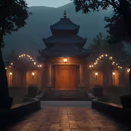 an open area of a building with lights coming from around the entry