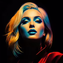 the woman is wearing a red dress and blue makeup