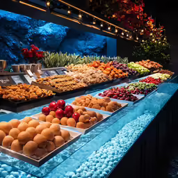 a large assortment of fruit sitting in display cases