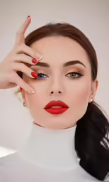 a woman posing for the camera with red lipstick