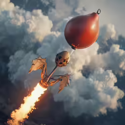 a red balloon floating over a fire hydrant