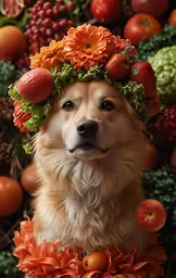 a dog in a crown and fruit decorations on its head