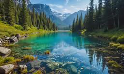 there are clear blue water surrounded by lush green trees