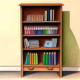 bookcase on the floor with books and some colored pencils,a drawing of a bookcase with books and pencils on it,a colored book shelf filled with books on wooden floors,book case with books and colored pencils in front of it,book case with books and pencils sitting next to it