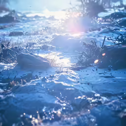 a snow covered hill with water and sunlight