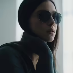 a woman in sunglasses looking out a window