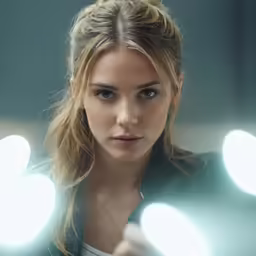 a pretty young lady pointing at something with lights behind her