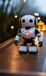 a toy robot sits on the edge of a table