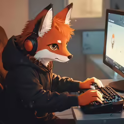 a fox head wearing headphones working on a computer