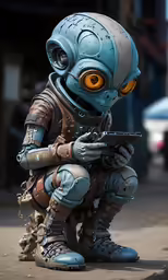 a big alien man that is holding a gun