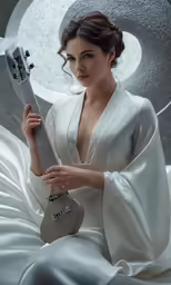a woman is holding an instrument while wearing a white outfit