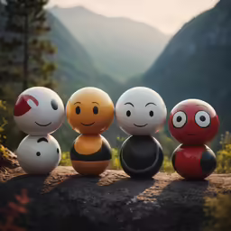 a line of smiling faces sitting in front of mountains