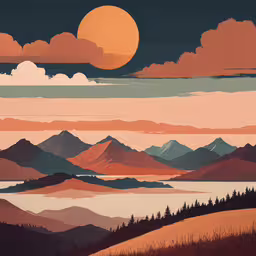 a painting of a large full moon above some mountains,a landscape image of a scenic sunset with mountains and clouds