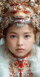 a young girl wearing a crown and red scarf