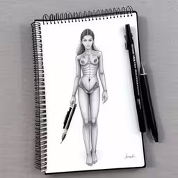 a pencil drawing of a woman standing in a body suit,drawing of a women body by drawing with an adult crayon pen,this drawing shows a woman in a bra with a pen,a drawing of a female body is shown next to a marker,pencil and a notebook with a drawing of a female figure