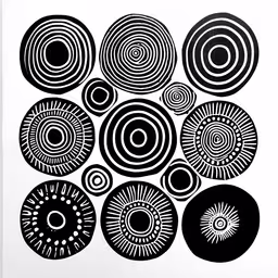 a paper print with abstract black and white designs,circles and dots in black on white paper