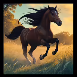 a painting of a horse in the sun, with a background of tall grass and trees