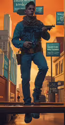 a man holding an automatic rifle standing next to some signs,an officer standing on a city street, while holding a rifle